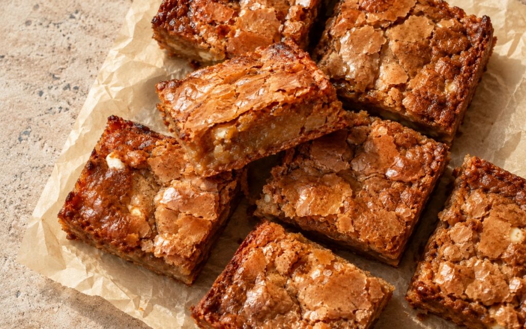 Stacked brown butter blondies showing shiny crackly tops and a dense, chewy golden interior