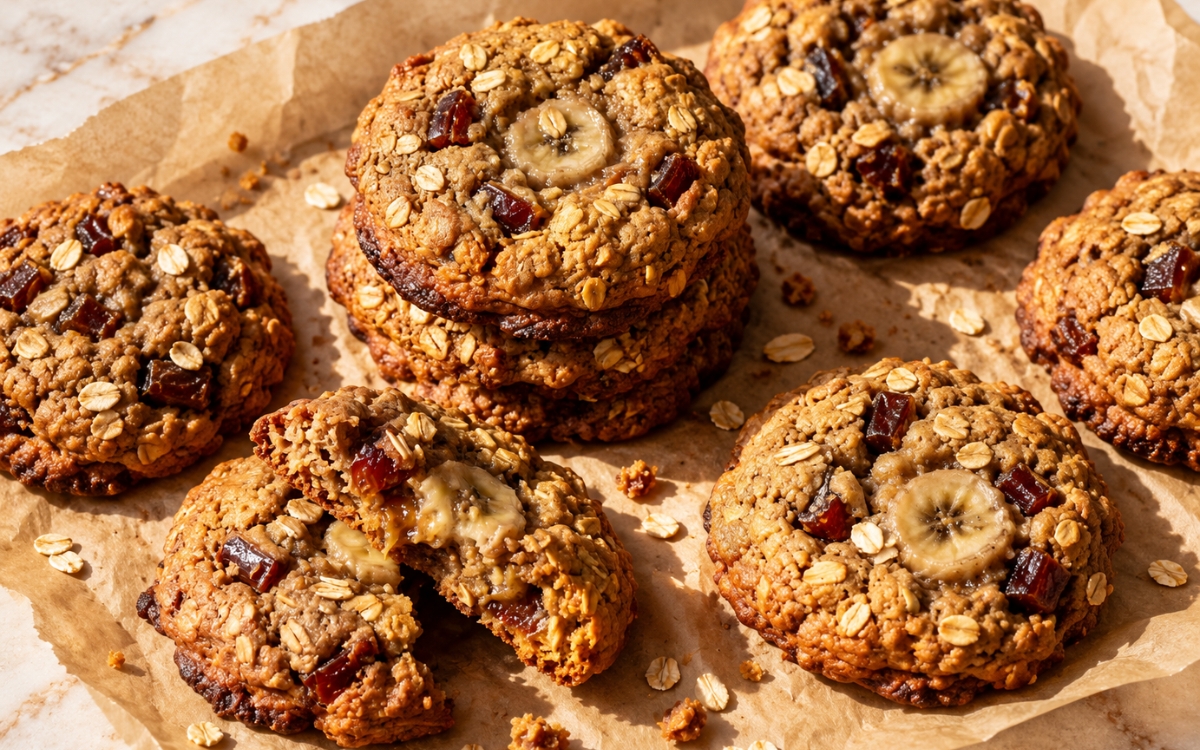 Brown butter date banana oatmeal cookies with visible oats and caramelized date pieces