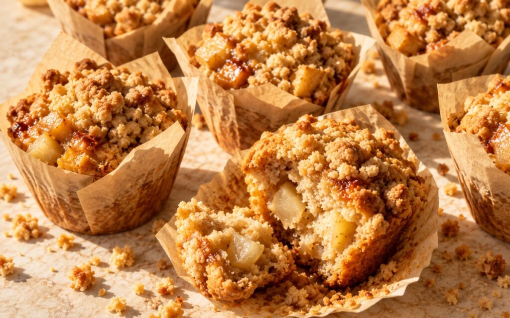 Brown butter pear streusel muffins with tall domed tops and visible pear pieces