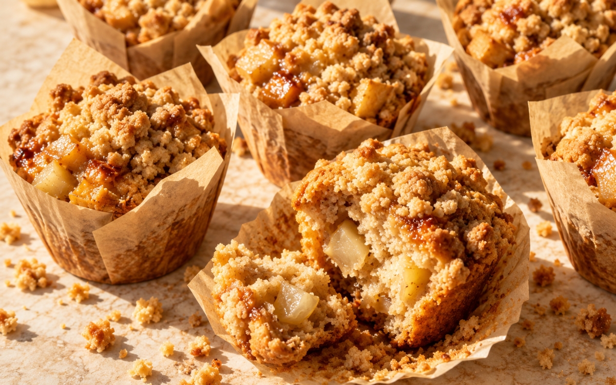 Brown butter pear streusel muffins with tall domed tops and visible pear pieces