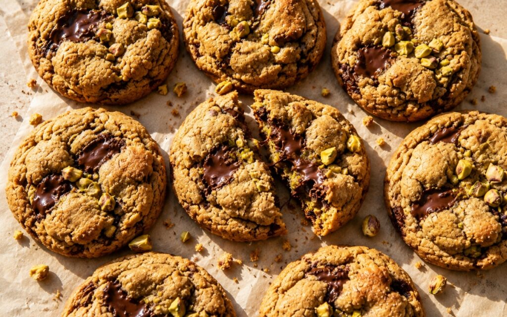 Brown butter pistachio chocolate chunk cookies with craggy golden tops and visible pistachio pieces