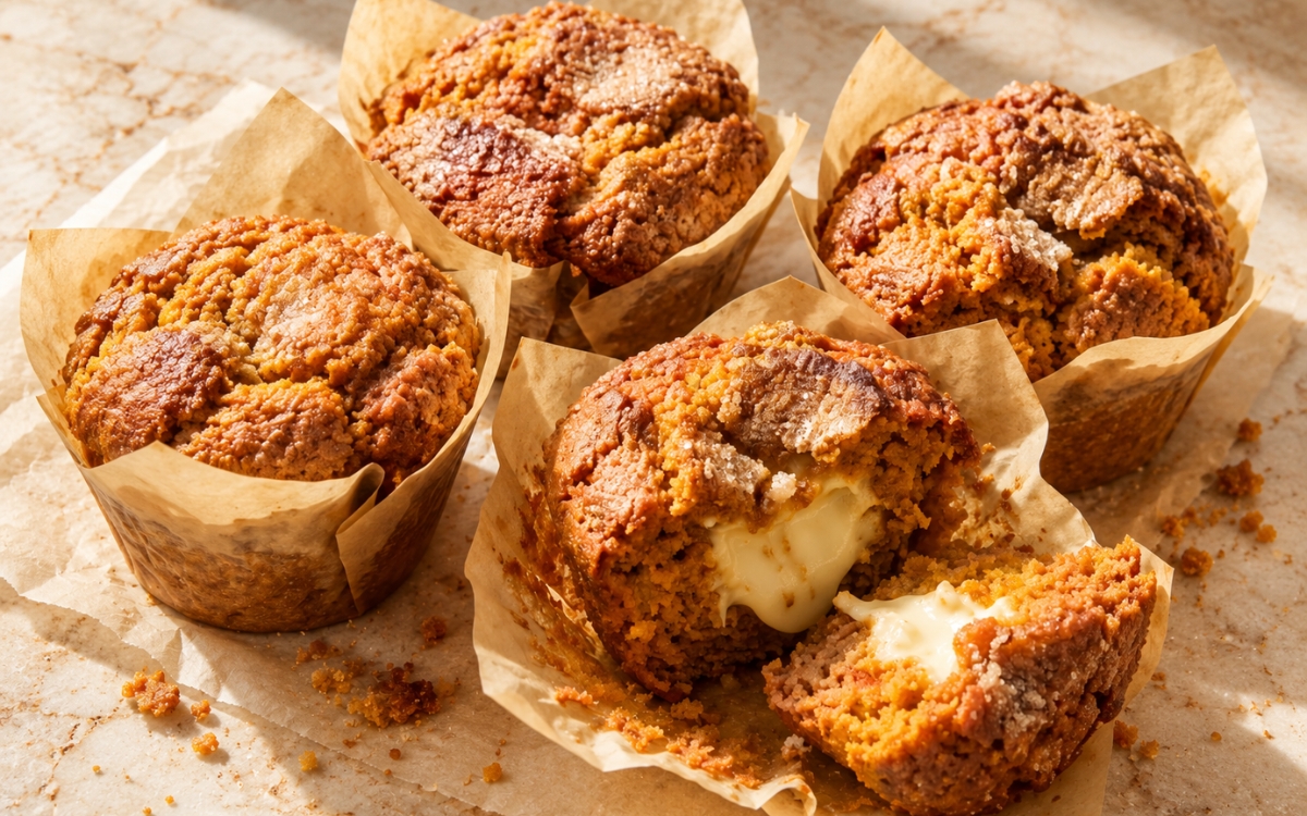 Brown butter sweet potato cream cheese muffins with craggy golden tops
