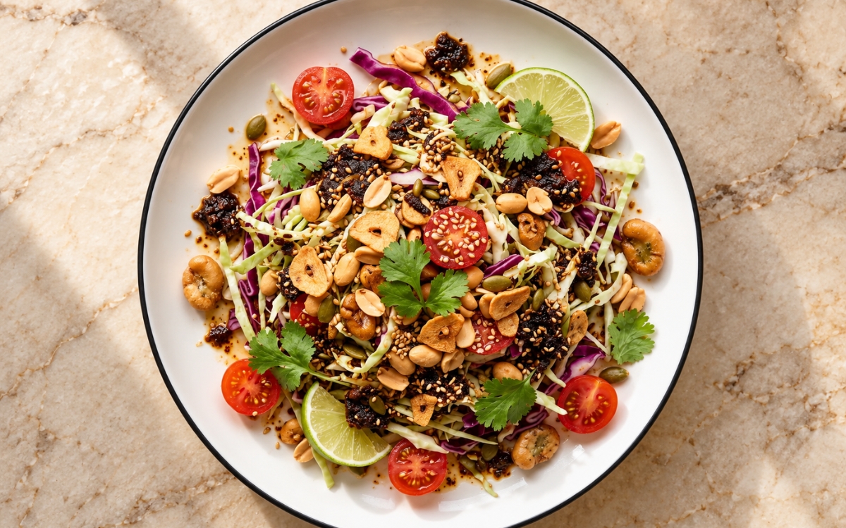 Burmese Tea Leaf Salad showing shredded green and red cabbage, halved cherry tomatoes, dark tea leaf dressing, peanuts, garlic chips and seeds with lime wedges, on marble surface