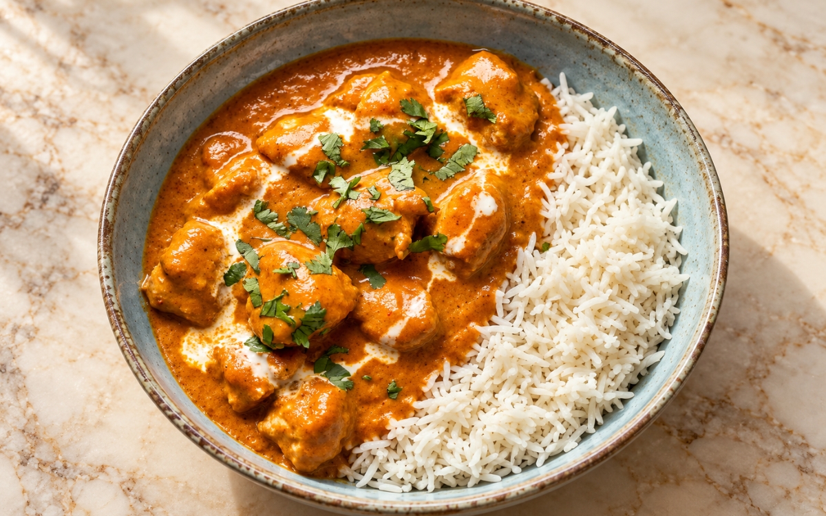 Butter chicken in a smooth orange-red sauce served over basmati rice with a cream swirl and cilantro