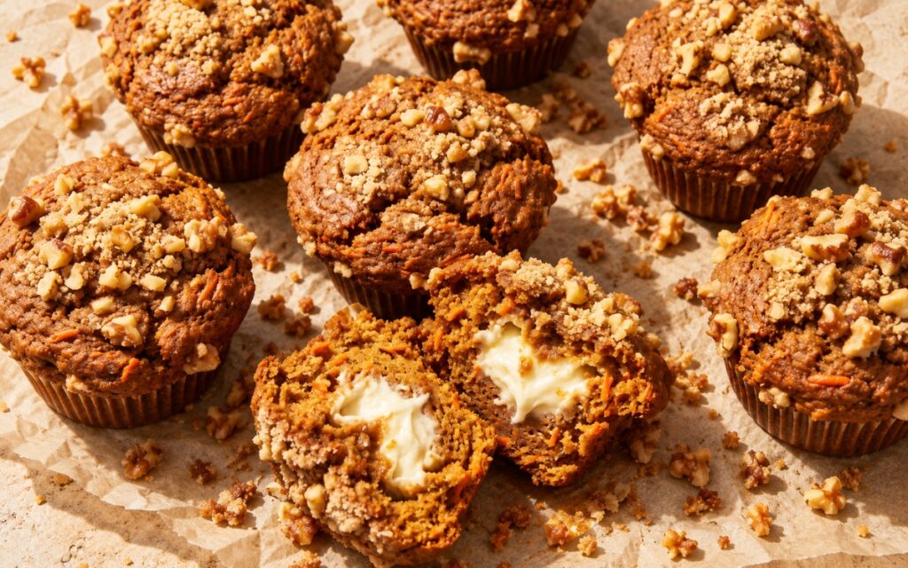 Carrot cake cream cheese muffins with a walnut streusel topping and domed tops