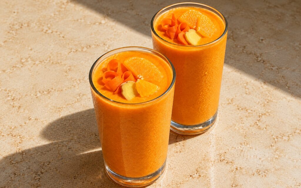 Carrot orange ginger smoothie showing a thick bright golden-orange smoothie topped with orange segments, carrot ribbons, and fresh ginger, on marble surface