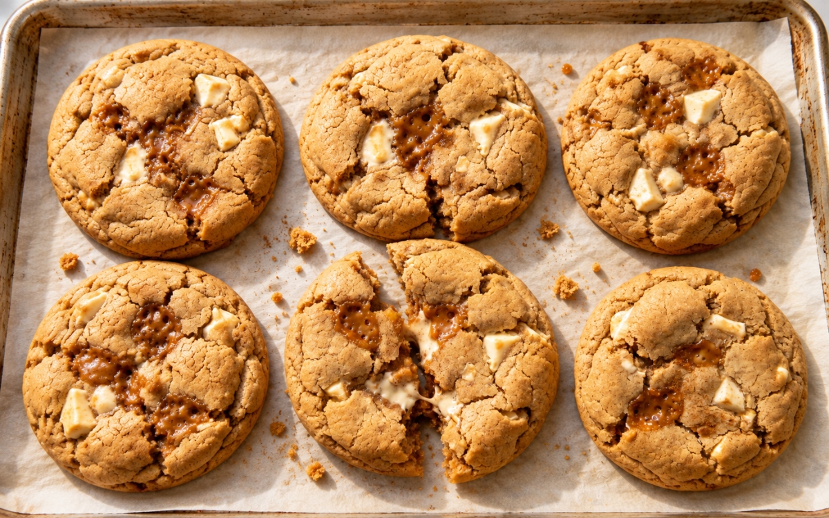 Chai white chocolate toffee cookies with golden crackled tops and visible toffee bits