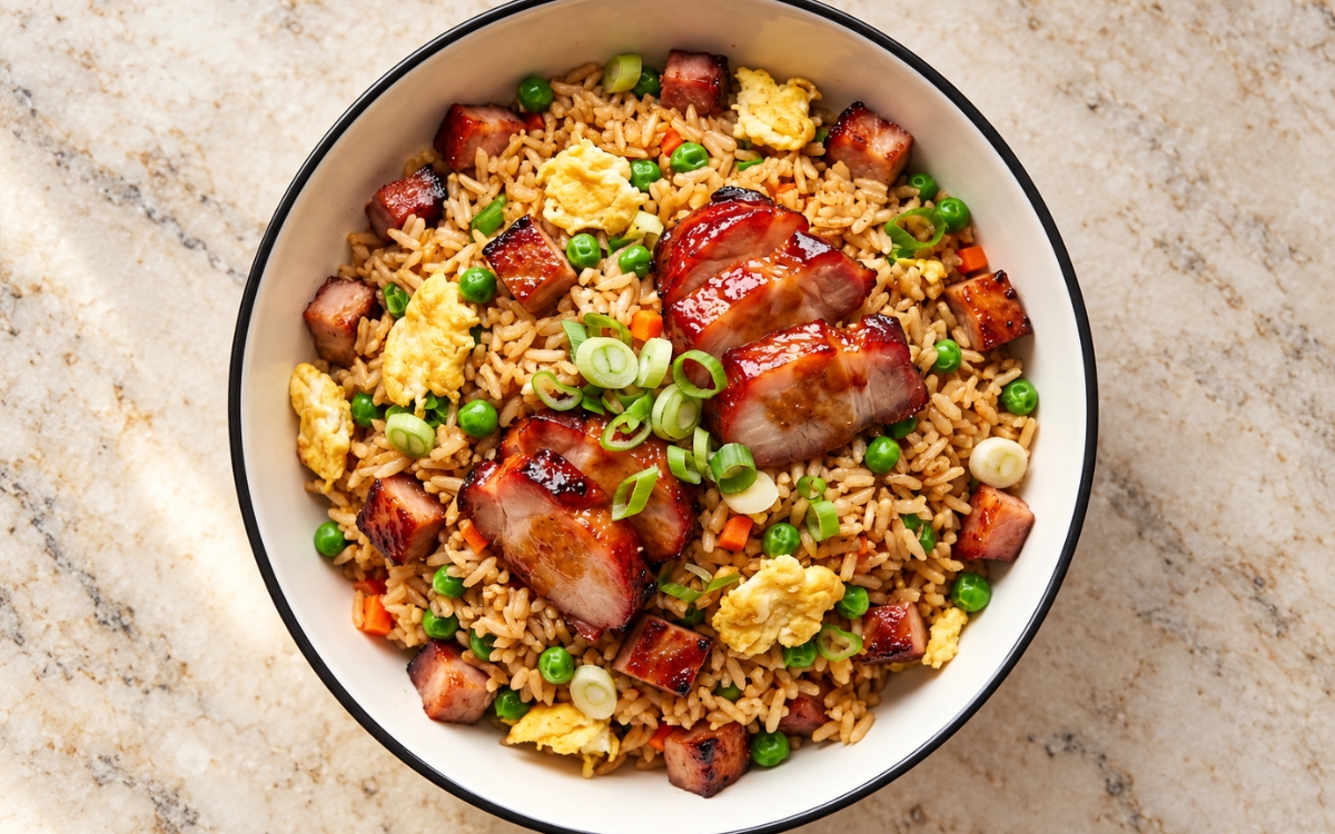 Char siu fried rice showing separated golden-brown rice with diced pork, egg curds, peas, carrots, and scallions, topped with glossy char siu slices, on marble surface