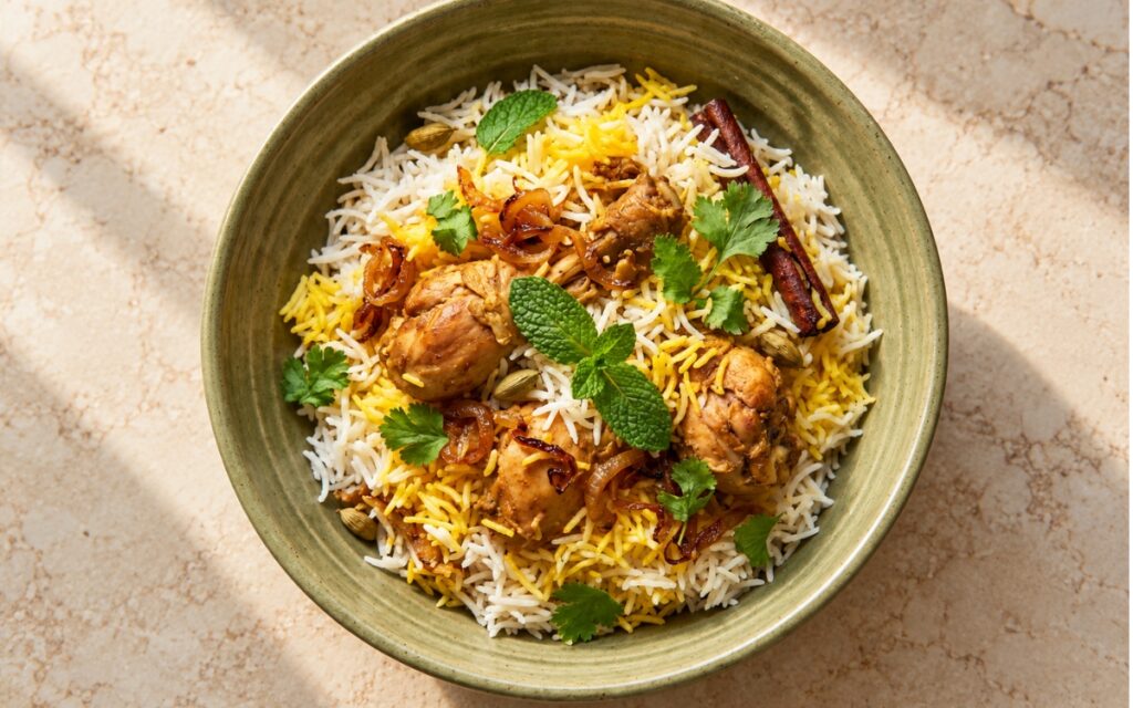 Chicken biryani with fluffy saffron-tinted rice, fried onions, and herbs layered over juicy chicken masala