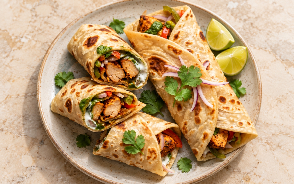 Chicken kathi roll wraps showing soft spotted flatbreads rolled around charred spiced chicken, bell peppers, red onions and green chutney, cut on the diagonal, on marble surface