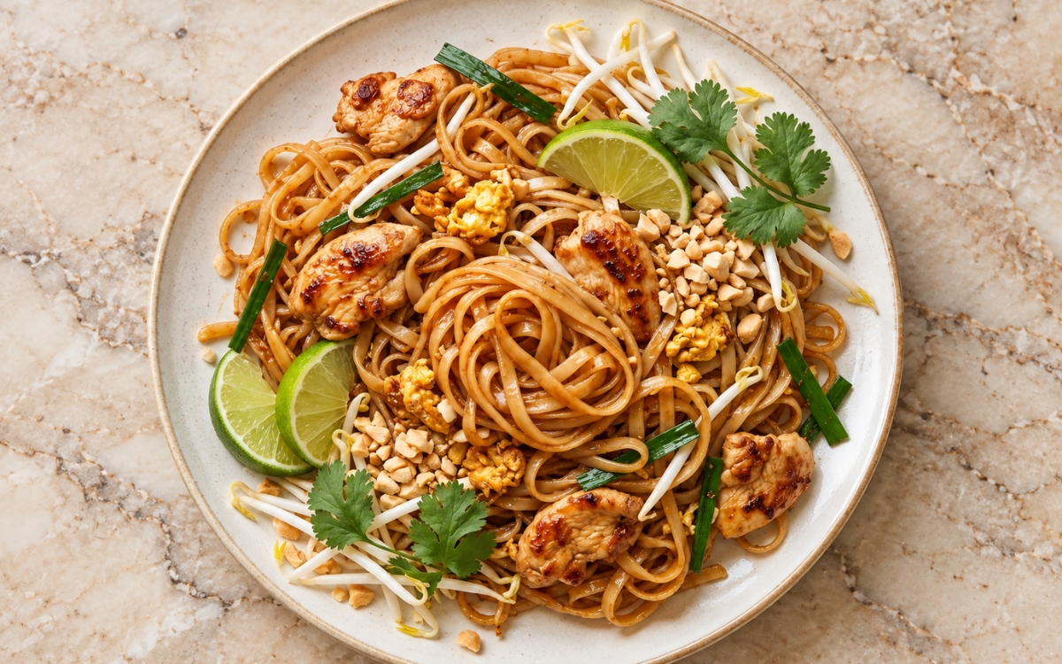 Chicken Pad Thai showing glossy rice noodles with browned chicken, scrambled egg, bean sprouts and garlic chives, topped with chopped peanuts and lime, on marble surface