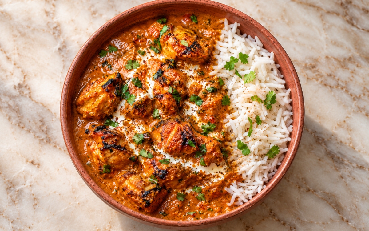 Chicken tikka masala in a rich orange-red sauce served over jasmine rice with cilantro garnish