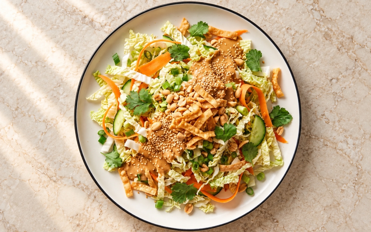 Chinese Cabbage Salad with Sesame Dressing showing shredded napa cabbage, carrot ribbons, cucumber slices, creamy sesame dressing, peanuts and golden wonton strips, on marble surface