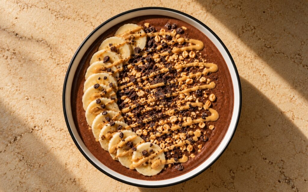 Chocolate banana smoothie bowl topped with banana slices, peanut butter drizzle, chopped peanuts, cacao nibs, and dark chocolate shavings