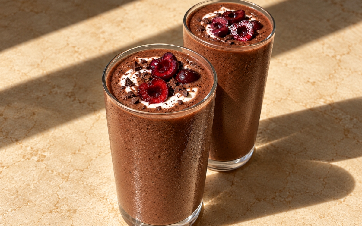 Chocolate cherry smoothie in a tall glass showing a glossy cocoa-brown drink, yogurt swirl, halved cherries, and dark chocolate shavings, on marble surface