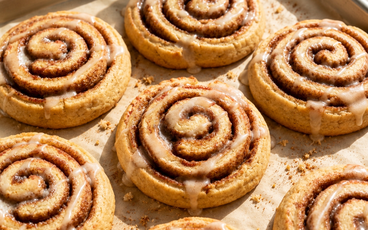 Cinnamon roll cookies with a visible spiral and a thin vanilla glaze drizzle