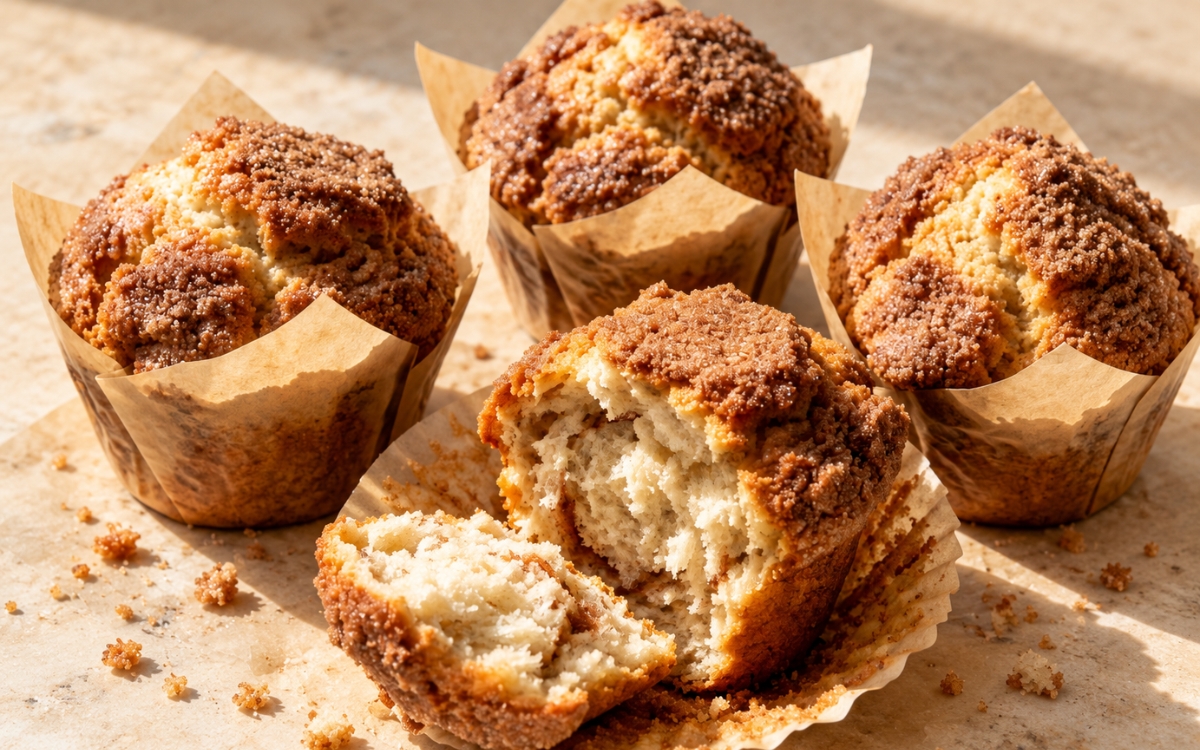 Cinnamon sugar muffins with high domed tops and a crackled sugary crust