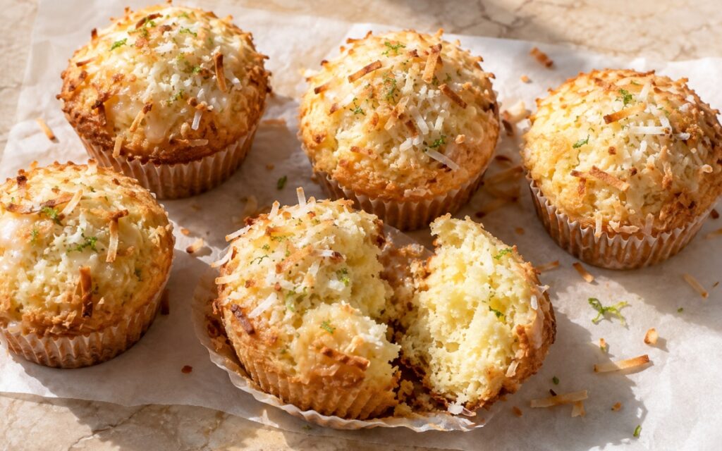 Coconut lime muffins with domed tops and light lime glaze on a parchment