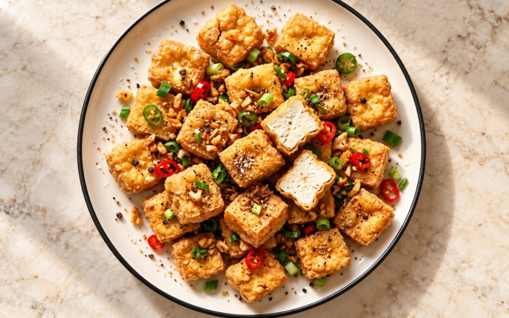 Crispy salt and pepper tofu showing golden fried tofu cubes with fried garlic, sliced red and green chilies, scallions, and cracked black pepper, on marble surface