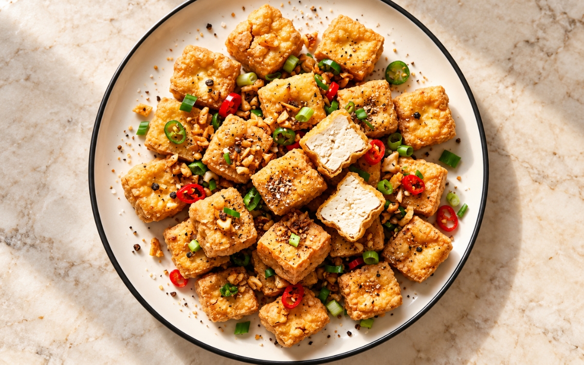 Crispy salt and pepper tofu showing golden fried tofu cubes with fried garlic, sliced red and green chilies, scallions, and cracked black pepper, on marble surface