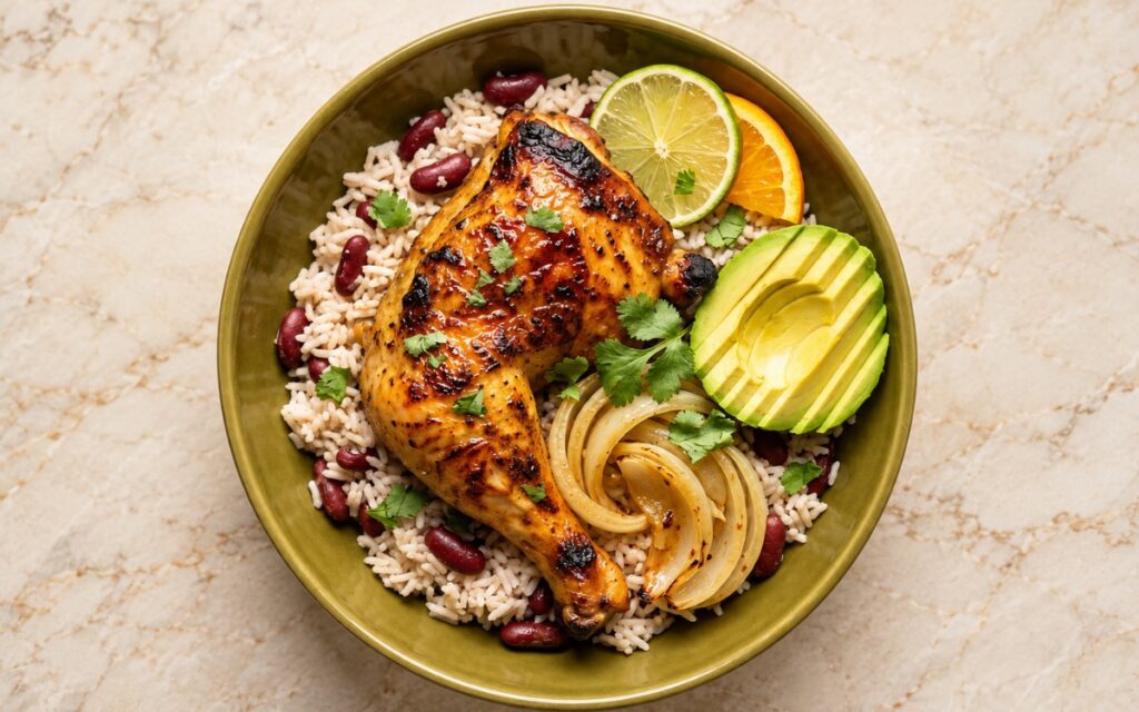 Cuban mojo chicken rice bowl showing a golden roasted chicken leg quarter over coconut rice and red beans with mojo onions, sliced avocado, orange and lime slices, and cilantro, on marble surface