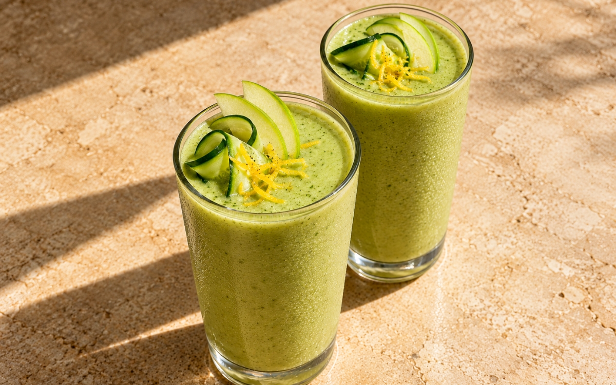 Cucumber apple green smoothie showing a pale green smoothie topped with cucumber ribbons, apple slices, and lemon zest, on marble surface