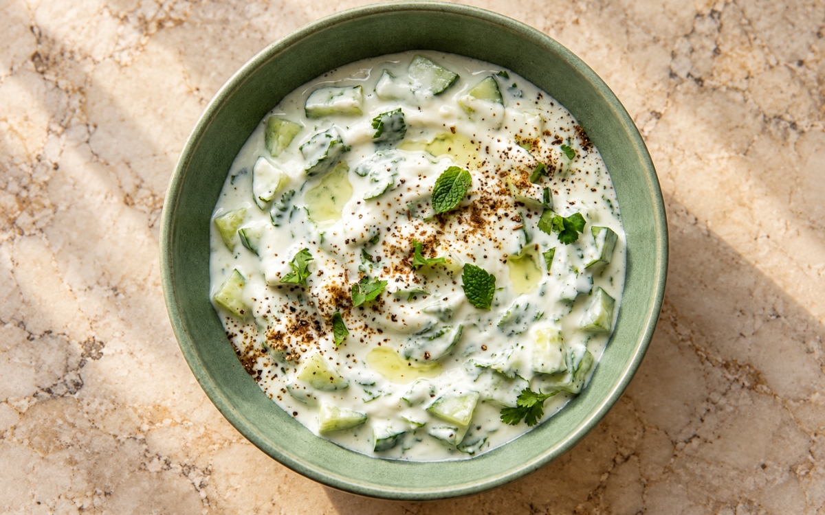 Cucumber raita showing thick creamy yogurt with diced cucumber, chopped cilantro, small mint leaves and a light dusting of roasted cumin, on marble surface