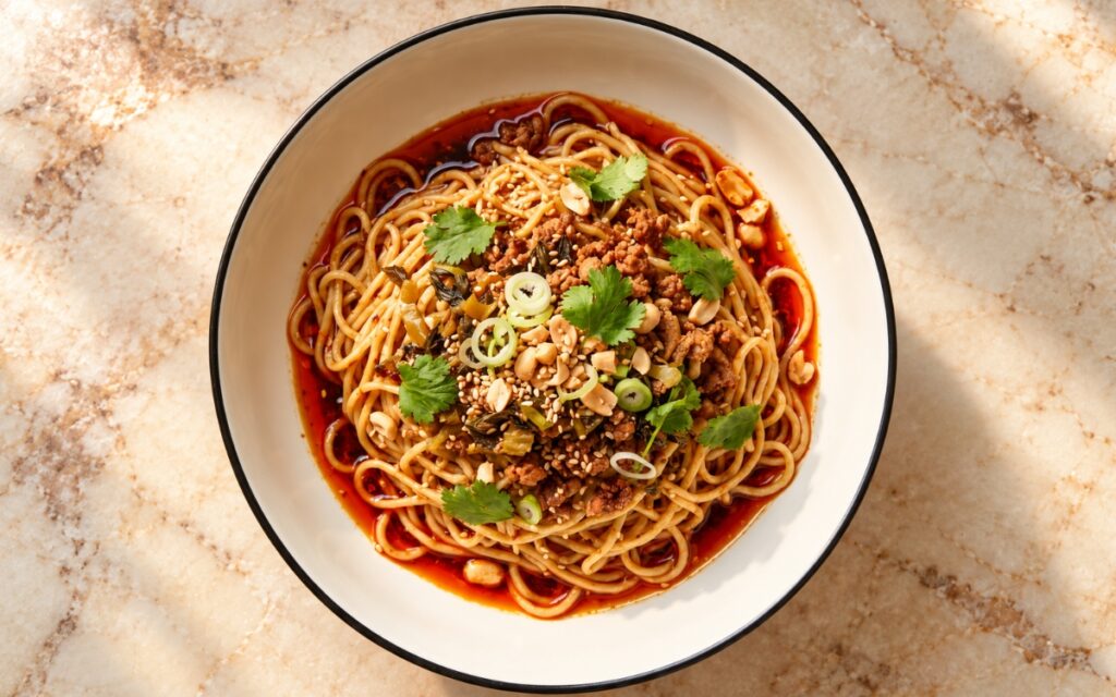 Dan Dan Noodles showing glossy wheat noodles in deep red chili oil and sesame sauce, topped with browned pork, preserved greens, scallions and crushed peanuts, on marble surface