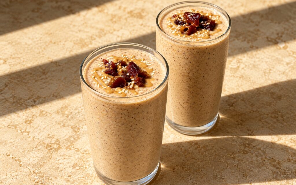 Date tahini banana smoothie in a tall glass showing a glossy beige drink, tahini drizzle, chopped dates, and sesame seeds, on marble surface