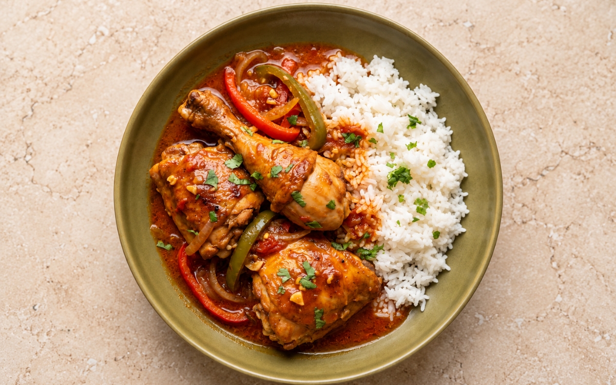 Dominican pollo guisado showing browned bone-in chicken in a glossy reddish-orange tomato sauce with onion and pepper strips beside a mound of white rice and cilantro, on marble surface