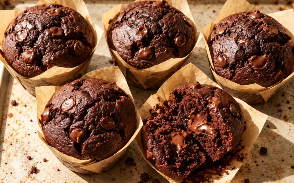 Double chocolate muffins with high domed tops and melted chocolate chips