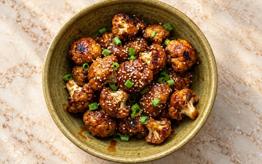 Gobi Manchurian showing crisp cauliflower florets in a glossy dark soy-chilli glaze with charred spring onions, green pepper and sesame seeds in a serving bowl, on marble surface
