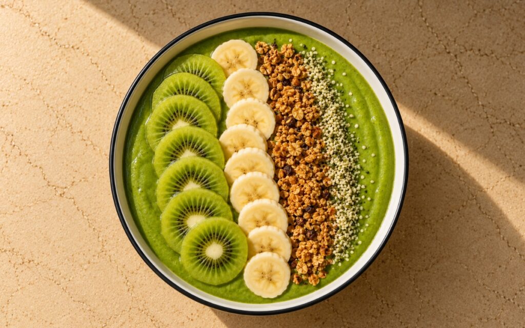 Green smoothie bowl topped with kiwi slices, banana coins, granola, and hemp seeds, overhead on a light surface