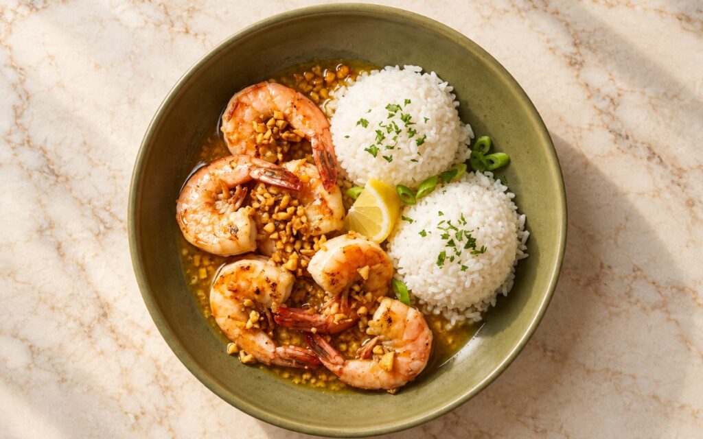 Hawaiian garlic shrimp bowl showing shell-on shrimp in golden garlic butter beside two scoops of white rice with a lemon wedge, parsley, and scallions, on marble surface