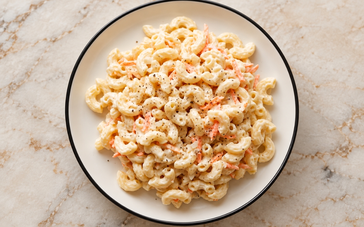 Hawaiian macaroni salad showing glossy, heavily coated elbow macaroni with flecks of grated carrot and black pepper in a creamy white dressing, on marble surface