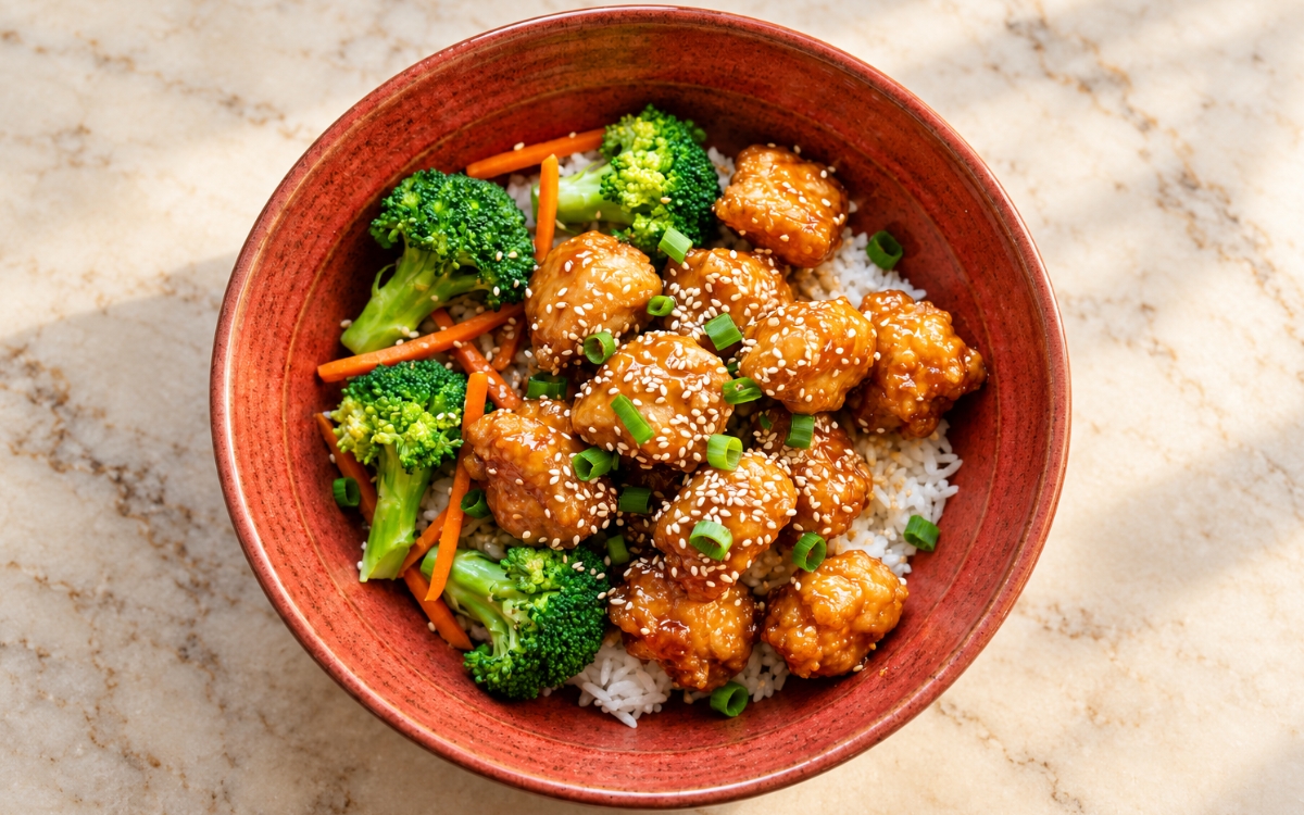Honey sesame chicken rice bowl showing glossy amber-glazed crispy chicken over fluffy jasmine rice with steamed broccoli, carrot strips, sesame seeds, and scallions, on marble surface