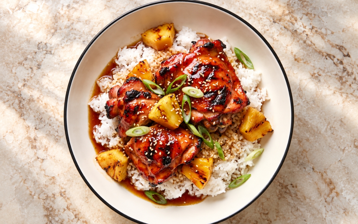 Huli huli chicken rice bowl showing charred glazed chicken thighs over fluffy white rice with grilled pineapple, sliced scallions, and toasted sesame seeds, on marble surface