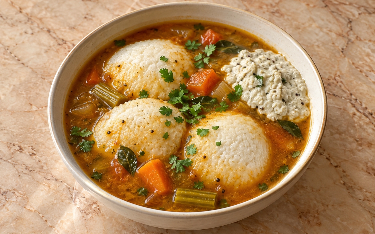 Idli sambar bowl showing three soft white idlis surrounded by brothy vegetable sambar, with a dollop of coconut chutney and fresh cilantro, on marble surface