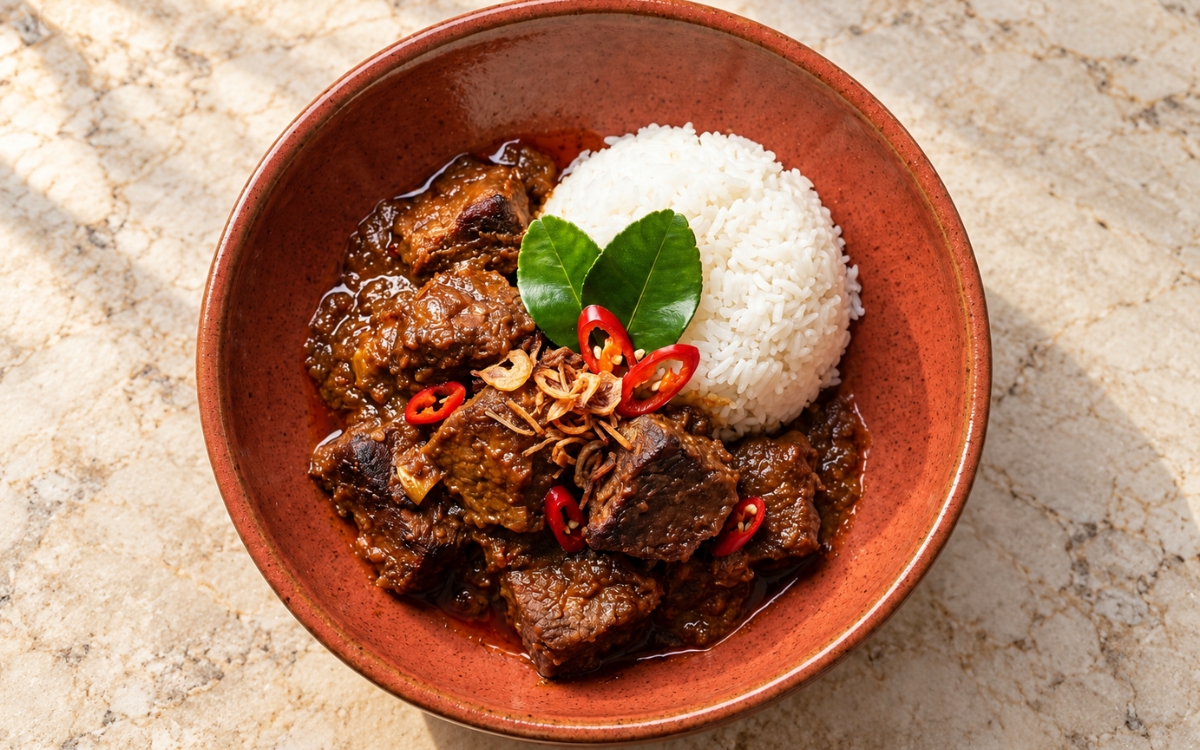 Indonesian Beef Rendang showing dark, lacquered beef chunks in a thick coconut coating with lime leaves, red chilli and crispy garlic beside jasmine rice, on marble surface