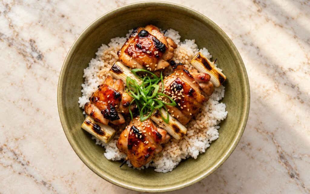 Japanese chicken yakitori rice bowl showing glazed grilled chicken thigh, charred scallion sections, sliced green onions, and sesame seeds over short-grain rice, on marble surface