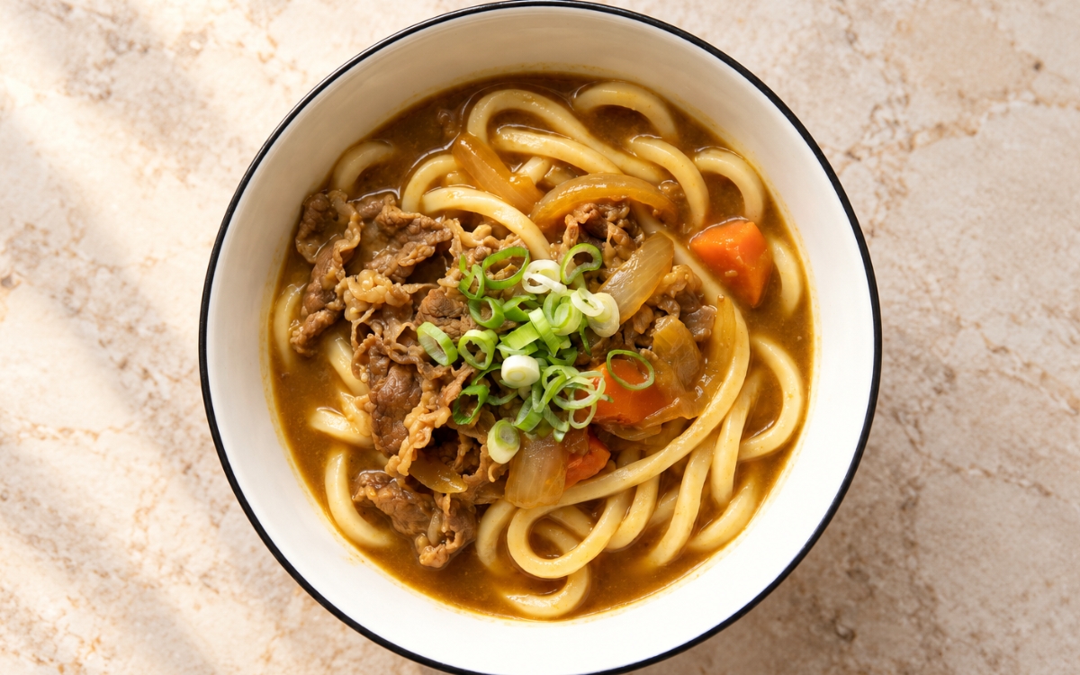 Japanese curry udon showing thick chewy udon noodles in glossy golden-brown curry broth with thin-sliced beef, soft onion, carrot, and sliced scallion, on marble surface