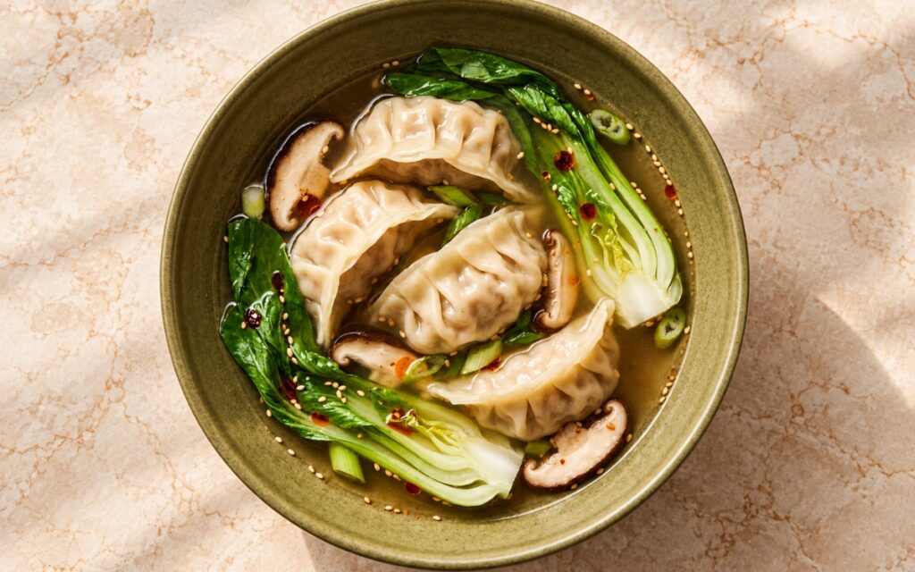 Japanese gyoza soup showing pleated chicken dumplings in clear golden broth with baby bok choy, shiitake, scallion, sesame seeds, and chili oil droplets, on marble surface