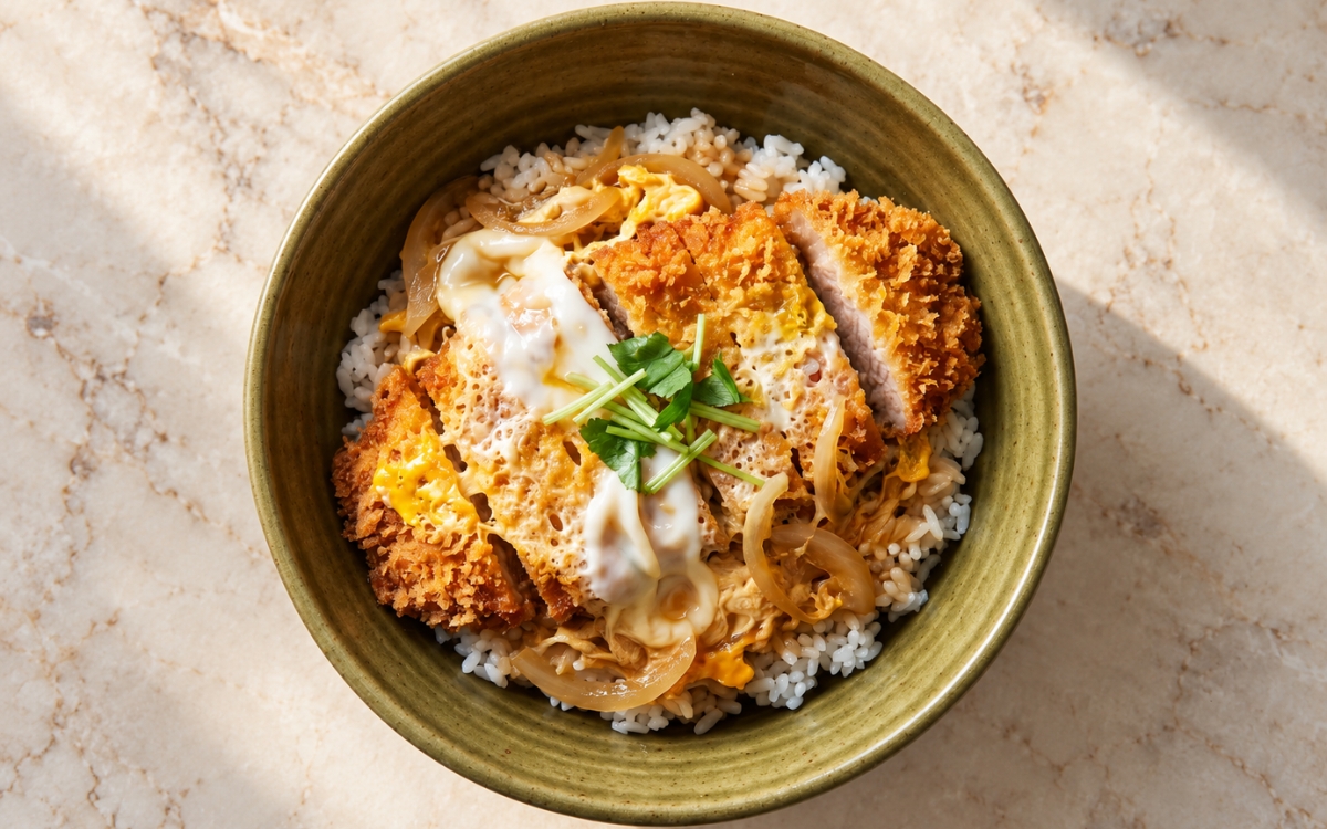 Japanese katsudon showing sliced golden pork cutlet, soft translucent onion, and custardy egg over glossy short-grain rice with sliced green onions, on marble surface