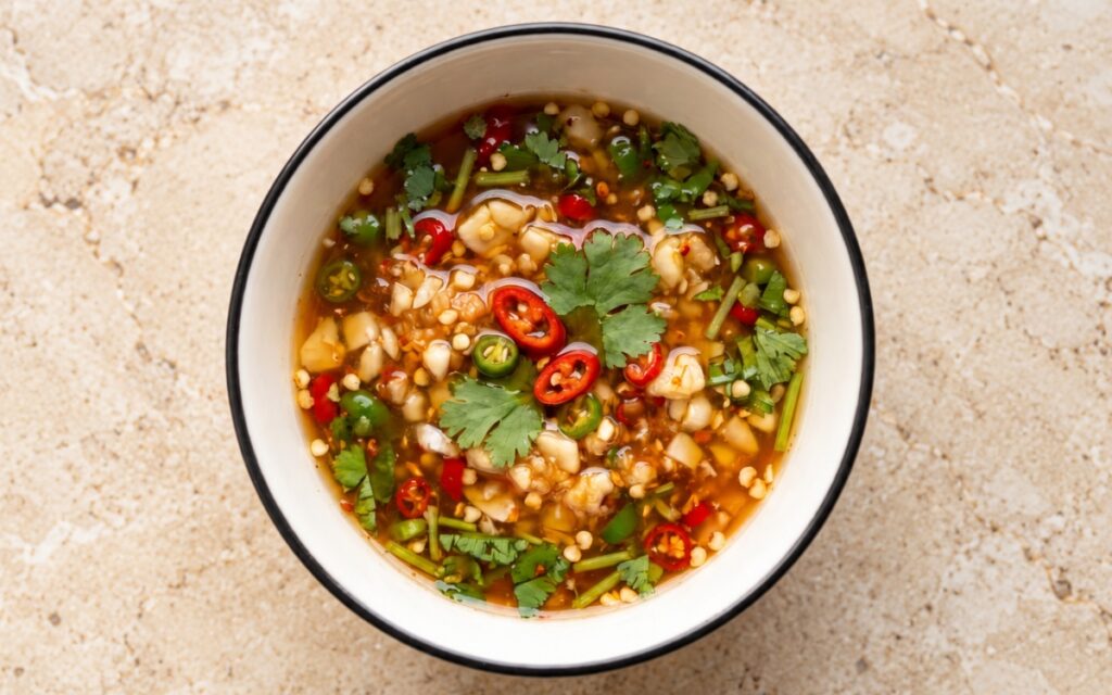 Jeow som showing a loose, translucent amber-red sauce in a small bowl with pounded garlic, red and green chilli pieces, chilli seeds and chopped cilantro, on marble surface