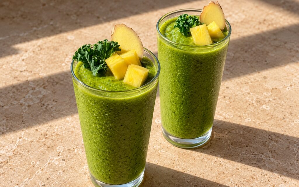 Kale pineapple ginger smoothie showing a vivid green smoothie topped with pineapple chunks, ginger slices, and small kale leaves, on marble surface