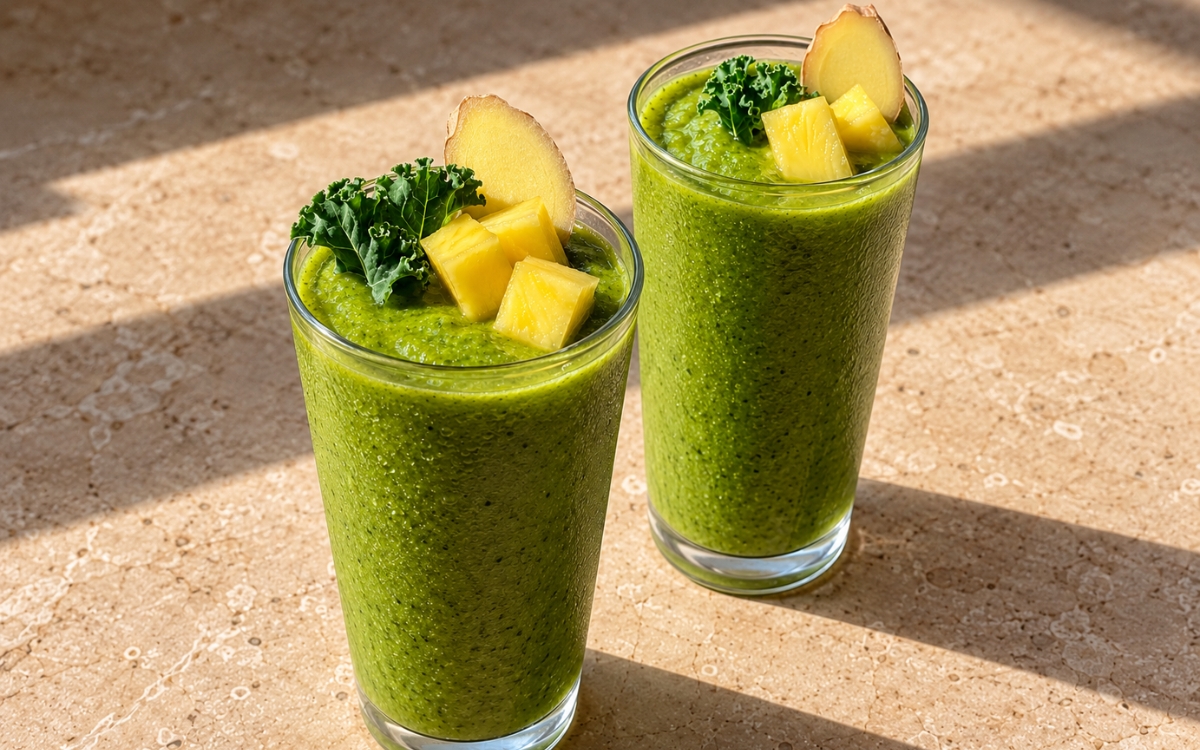 Kale pineapple ginger smoothie showing a vivid green smoothie topped with pineapple chunks, ginger slices, and small kale leaves, on marble surface