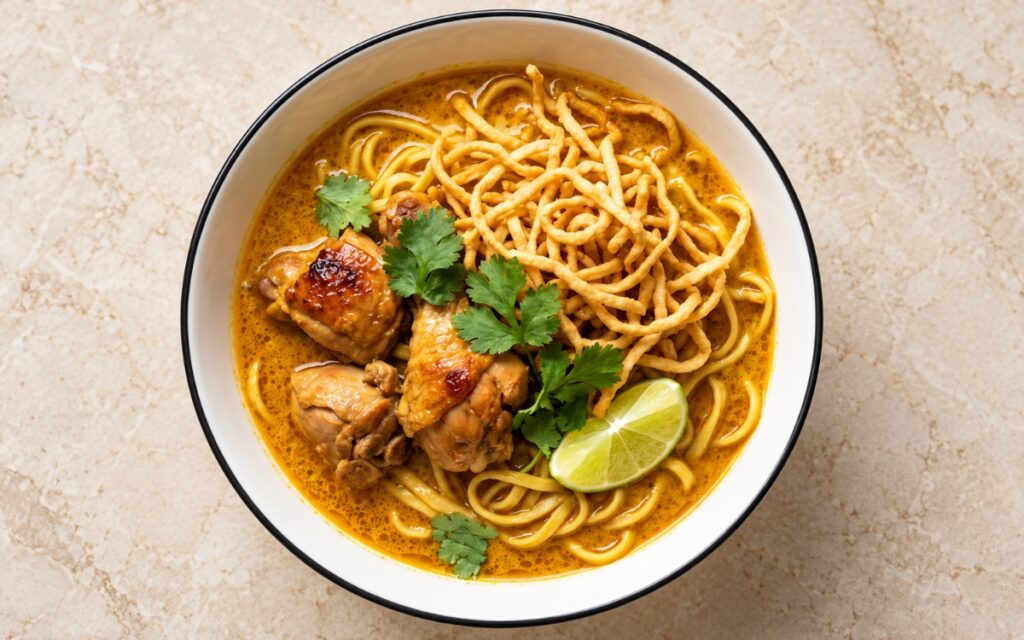 Khao Soi Chicken Curry Noodles showing chicken in golden coconut curry broth over egg noodles, topped with crisp fried noodles, cilantro and lime wedges, on marble surface