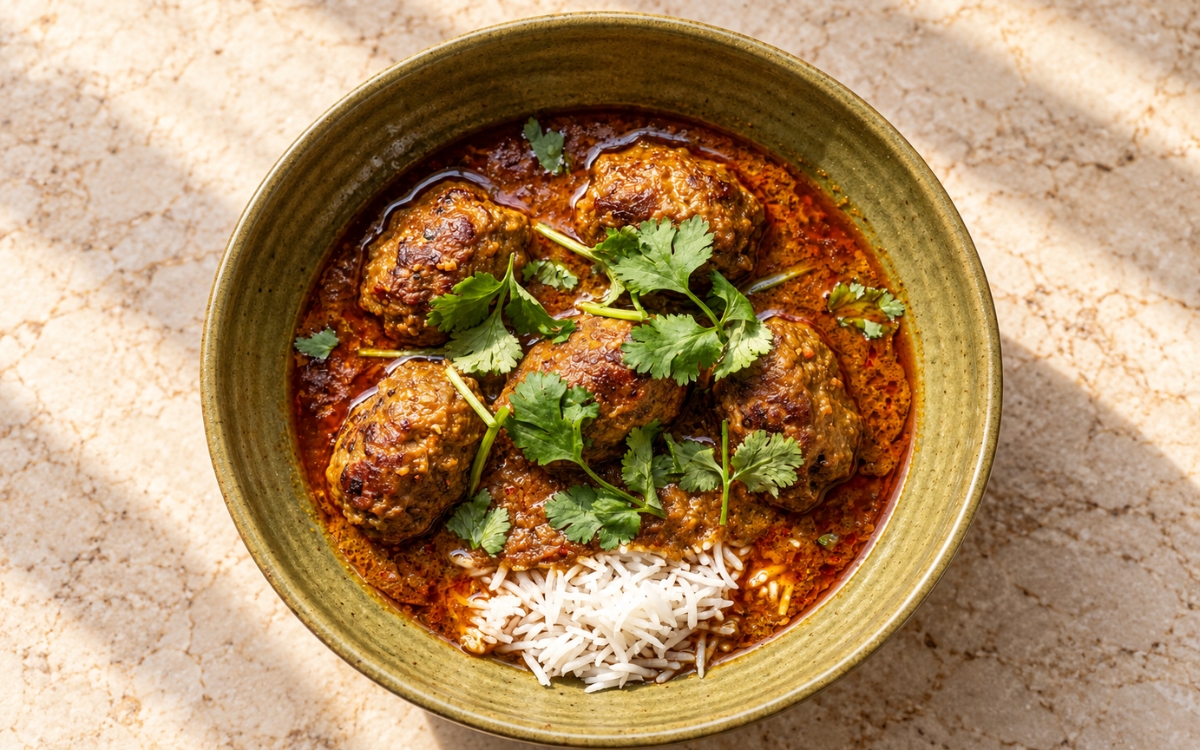 Kofta ka salan with tender meat koftas in a spoonable, aromatic gravy served over basmati rice