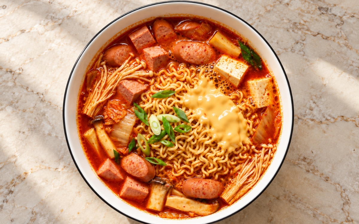 Korean army stew showing a red gochujang broth with curly ramen, sliced sausages, luncheon meat, tofu, kimchi, enoki mushrooms, scallions, and melted cheese, on marble surface
