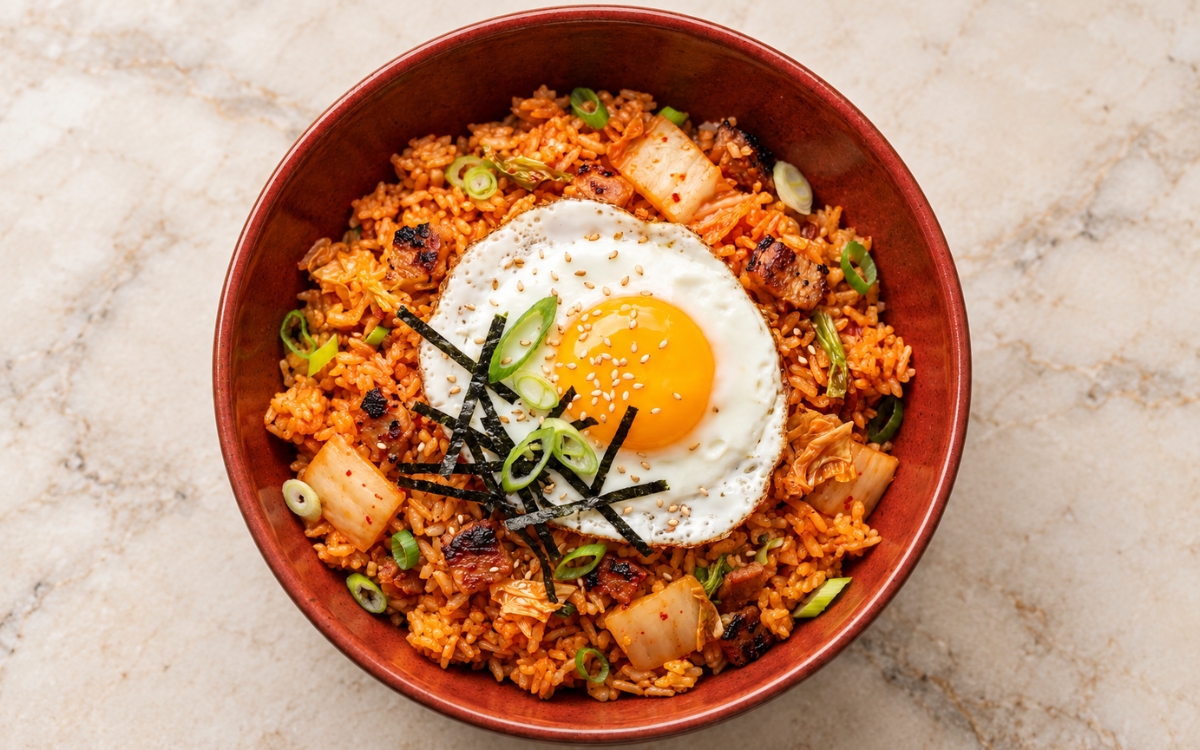 Korean kimchi fried rice showing loose orange-red rice with chopped kimchi and pork bits, a sunny-side-up egg, seaweed strips, sesame seeds, and scallions, on marble surface